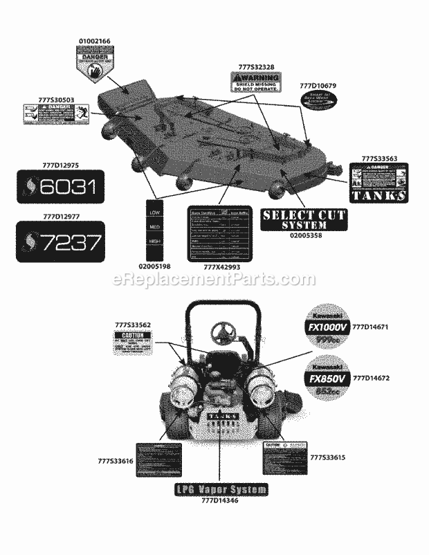 Label Map Deck Diagram and Parts List for S7237-KW 53AP8DU8750 Cub Cadet Sprayer